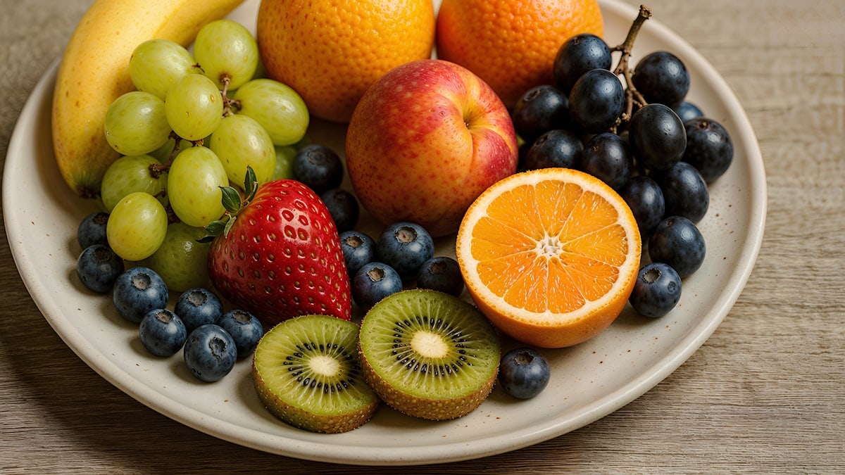 A plate of colorful, fresh fruit.